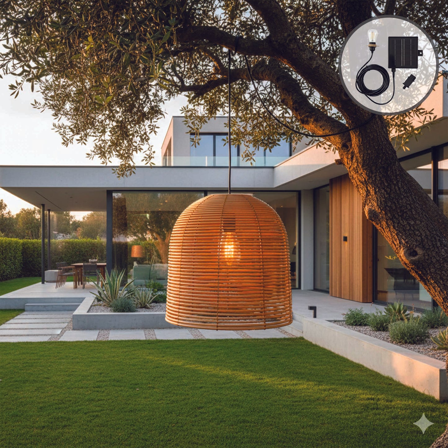 Suspension solaire HANG BOHEME SOLAR en poly rotin avec câble hybride secteur et solaire 5m de longueur