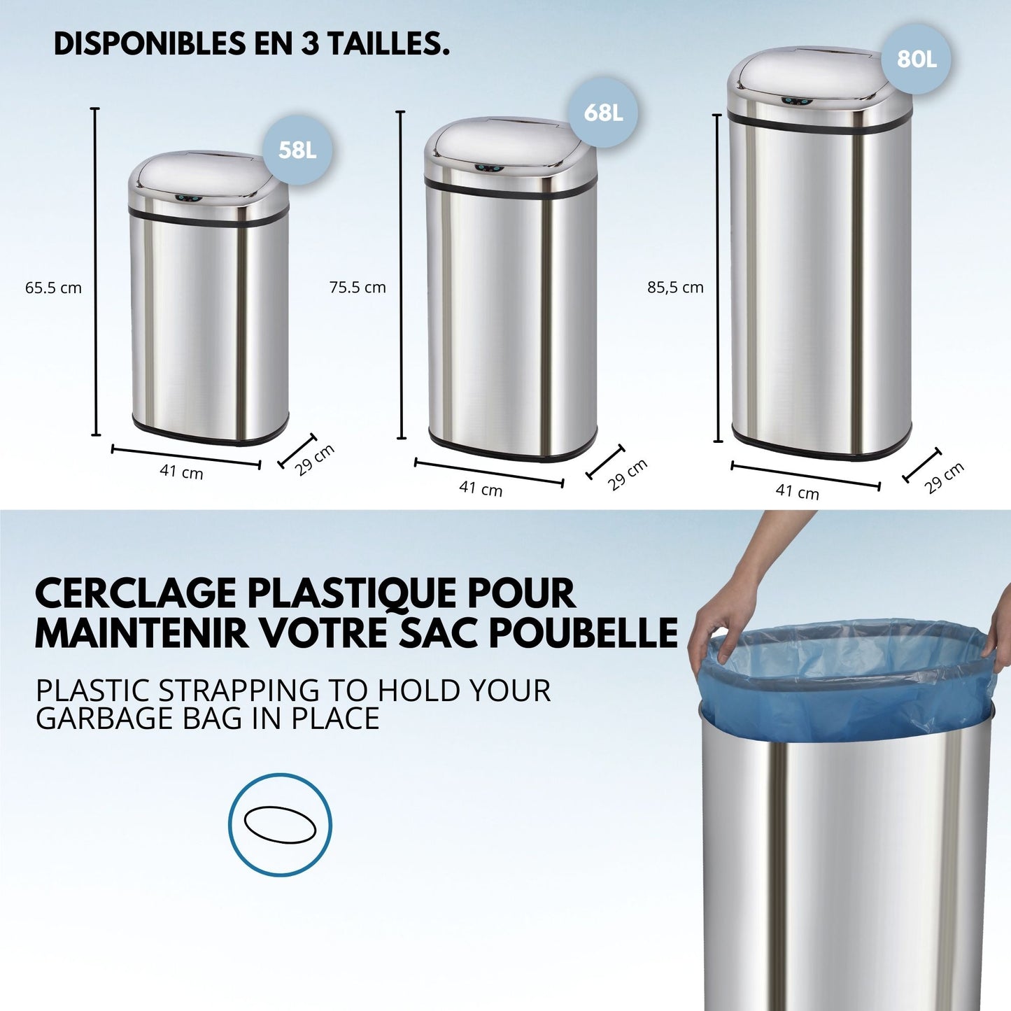 Poubelle de cuisine automatique 80L MAJESTIC grande capacité en acier INOX avec cerclage