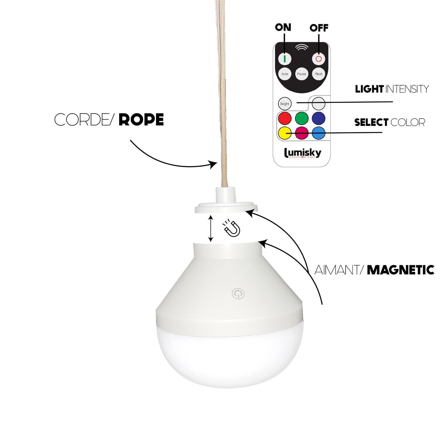 Suspension DARMA NOMAD en rotin style bohème avec ampoule LED blanc/RGB nomade