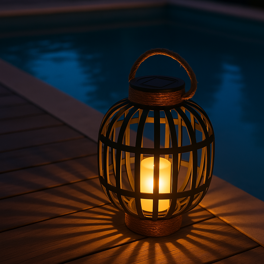 Lanterne solaire décorative poignée en corde effet bougie LED blanc chaud FIDJY H30cm
