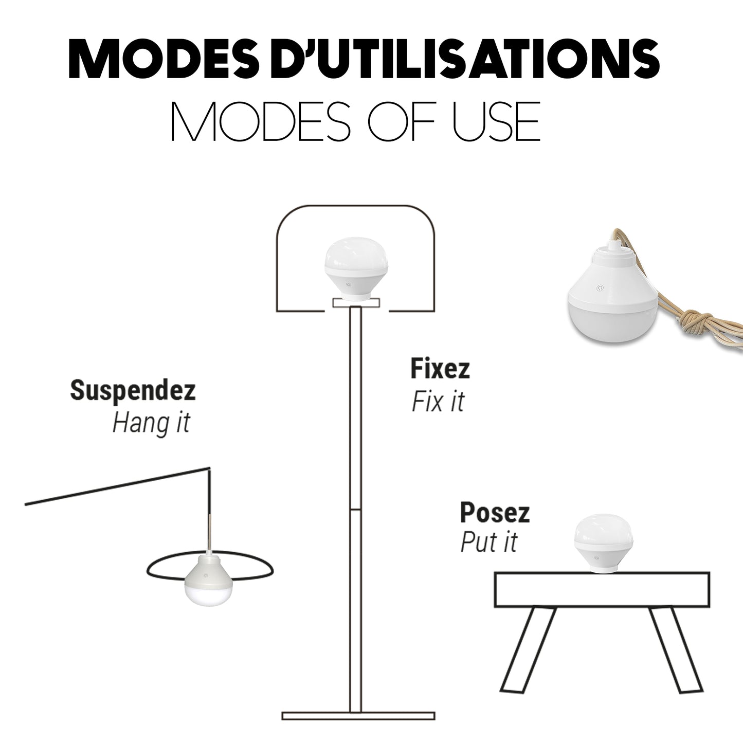 Suspension DARMA NOMAD en rotin style bohème avec ampoule LED blanc/RGB nomade