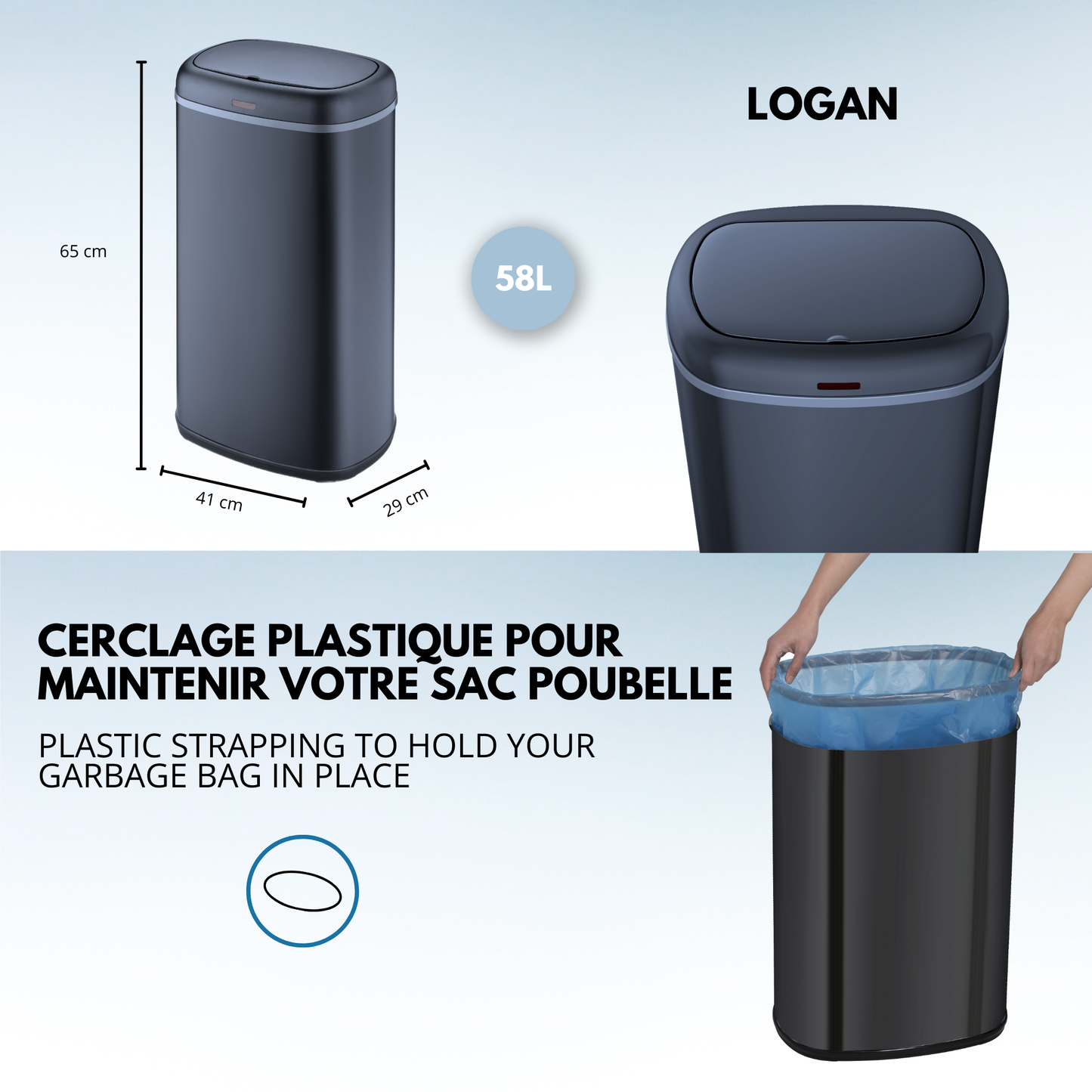 Poubelle cuisine automatique 58L LOGAN en acier INOX Gris Mat