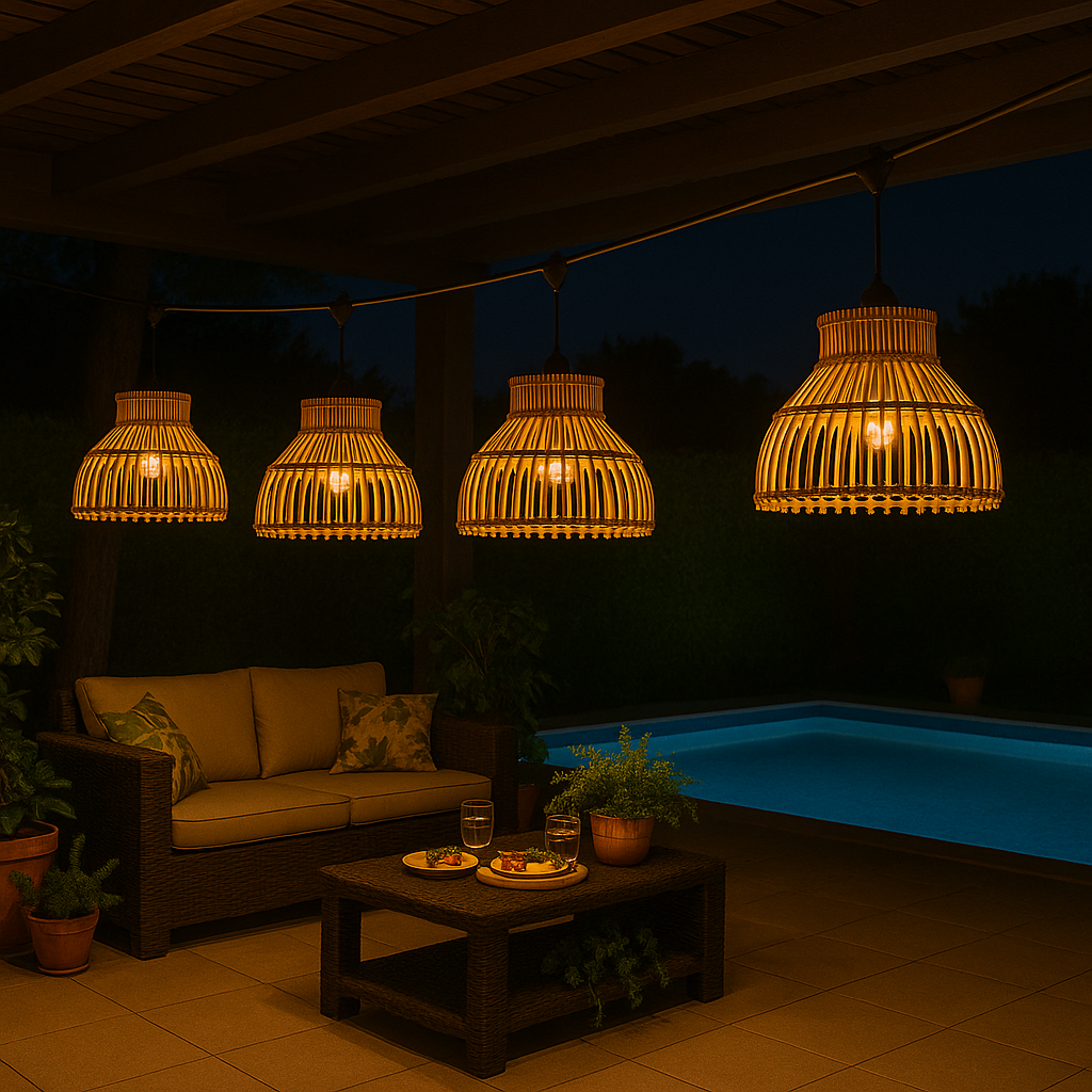 Guirlande lumineuse raccordable d'extérieur avec abat-jour en rotin naturel style bohème 7 ampoules à filament douille E27 LED blanc chaud AMELIA LIGHT CONNECTABLE 6m