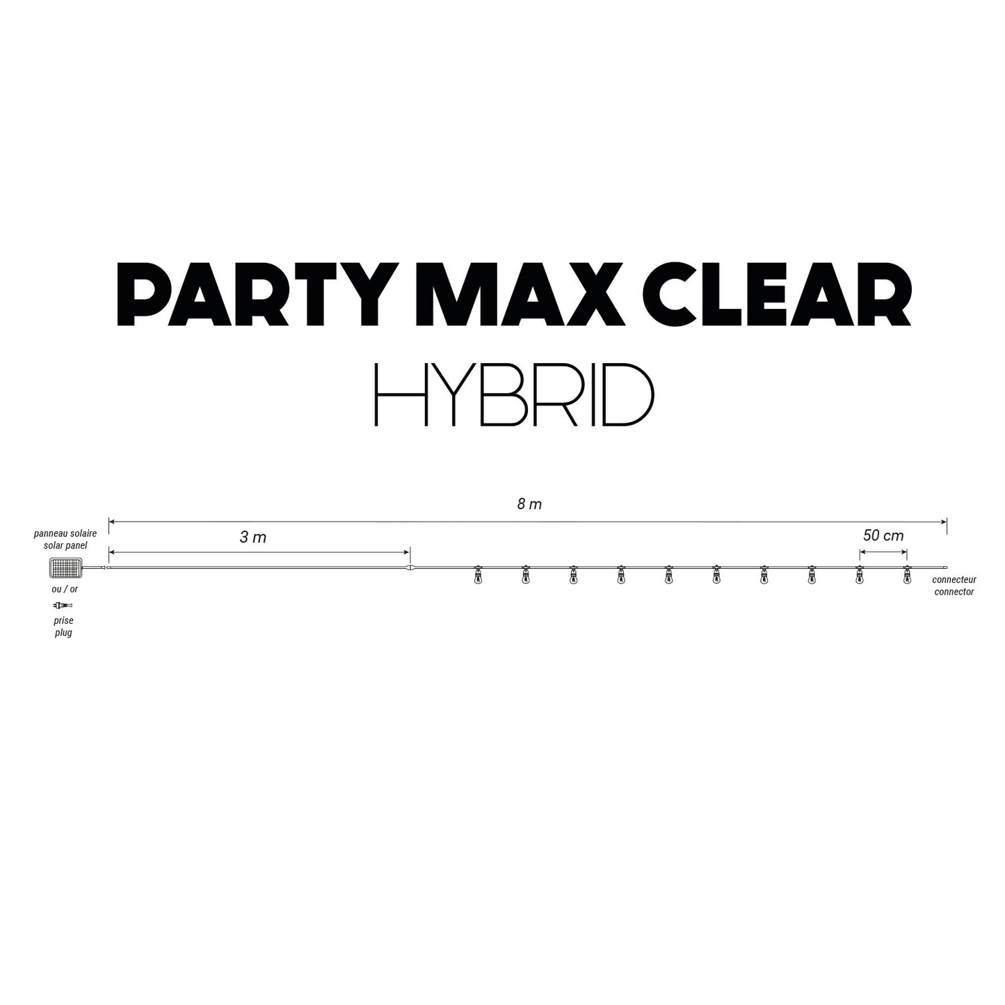 Guirlande lumineuse extérieur taupe 10 globes transparents raccordable LED blanc chaud PARTY MAX CLEAR HYBRID TAUPE 8m solaire et sur secteur
