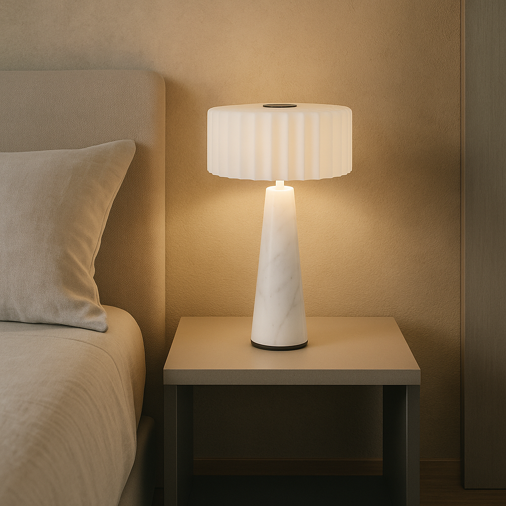 Lampe de table sans fil en marbre abat-jour ondulé LED blanc chaud dimmable BLOK WHITE MARBLE H30cm
