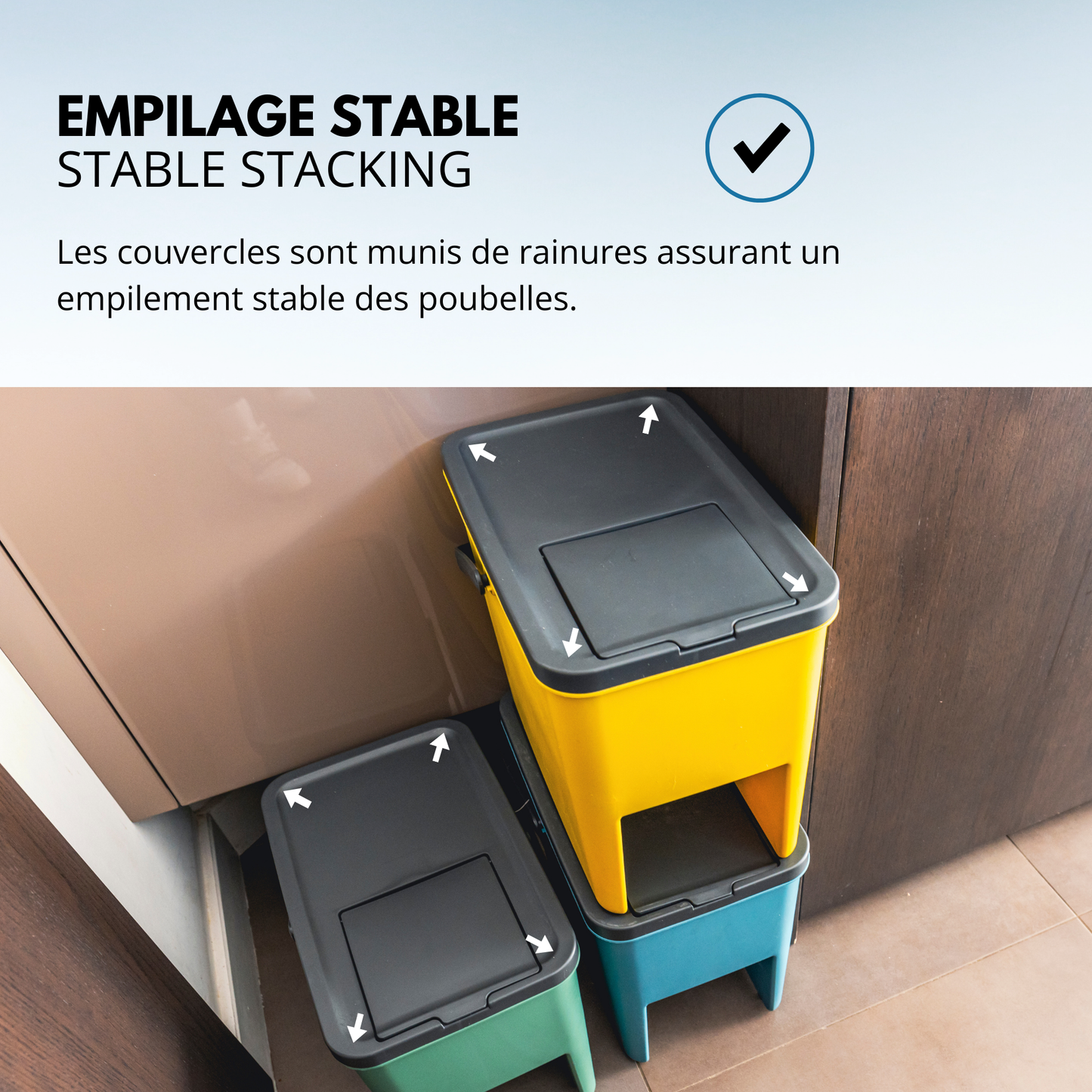 Lot de 3 Poubelles Empilables 20L pour Recyclage BERGEN Poubelles de Tri Sélectif en Plastique, Couleurs Jaune, Bleu, Vert et Gris