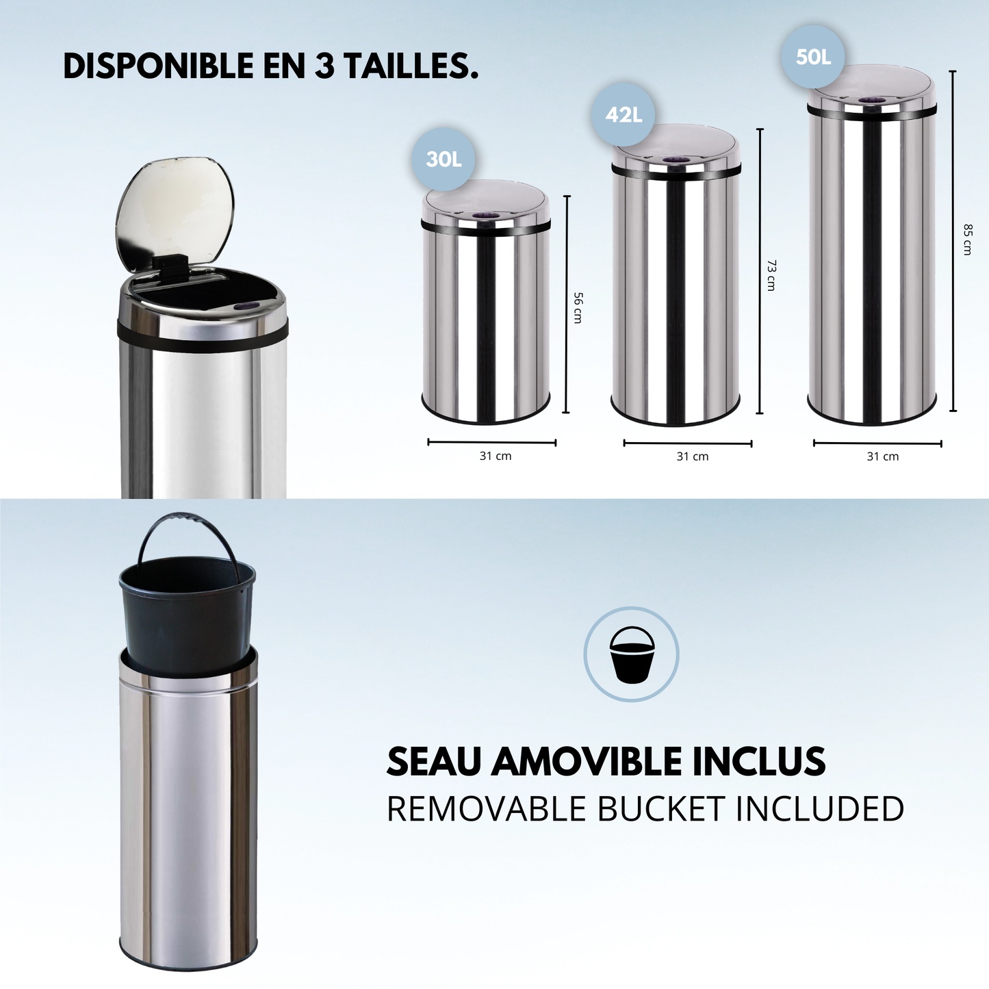 Poubelle de cuisine automatique 30L ARTIC en acier Inox avec seau
