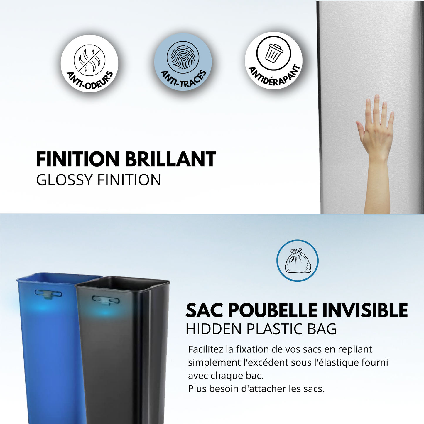 Poubelle de cuisine à pédale tri sélectif recyclage 50L(30L+20L) EDGE en acier Inox brossé avec seau