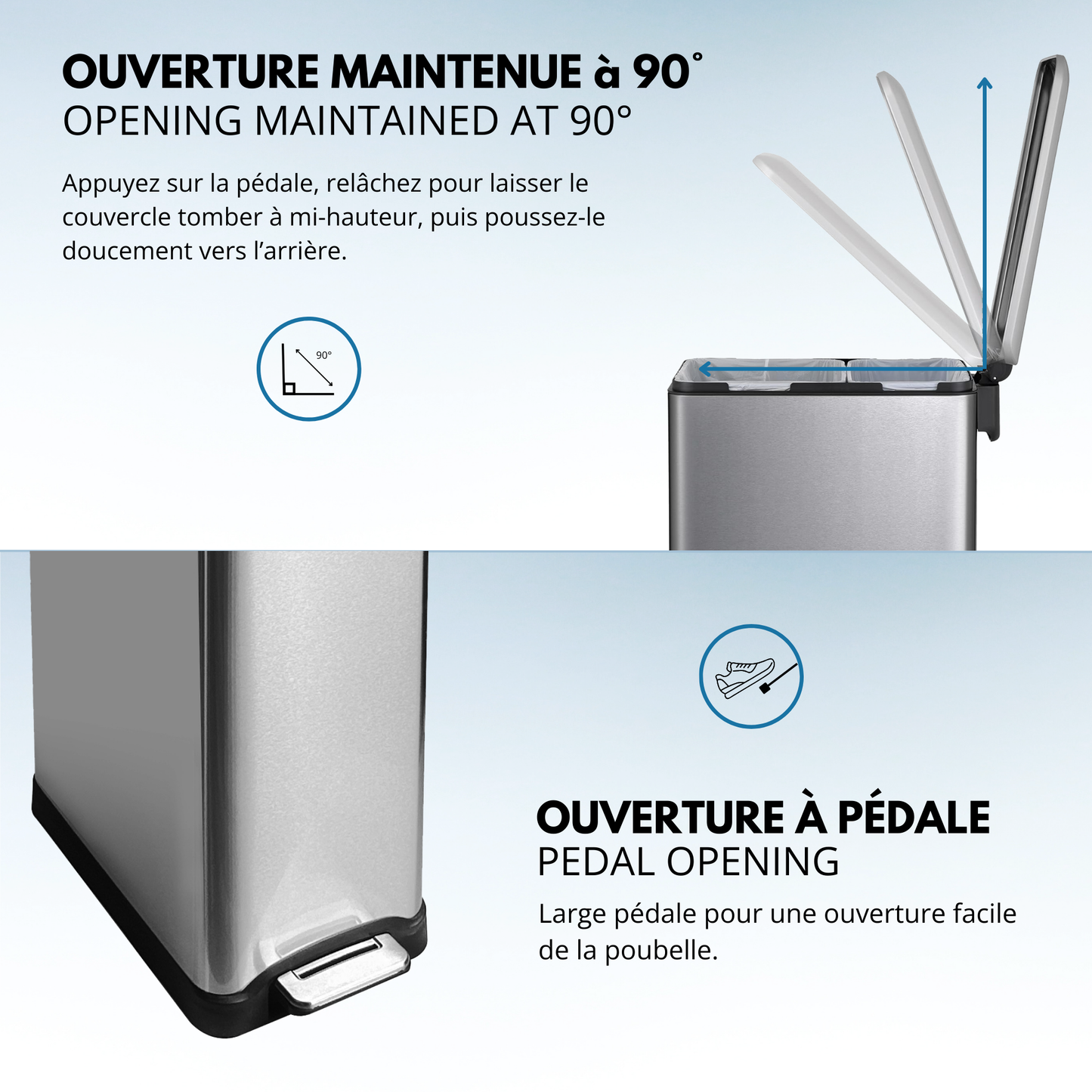 Poubelle de cuisine à pédale tri sélectif recyclage 50L(30L+20L) EDGE en acier Inox brossé avec seau