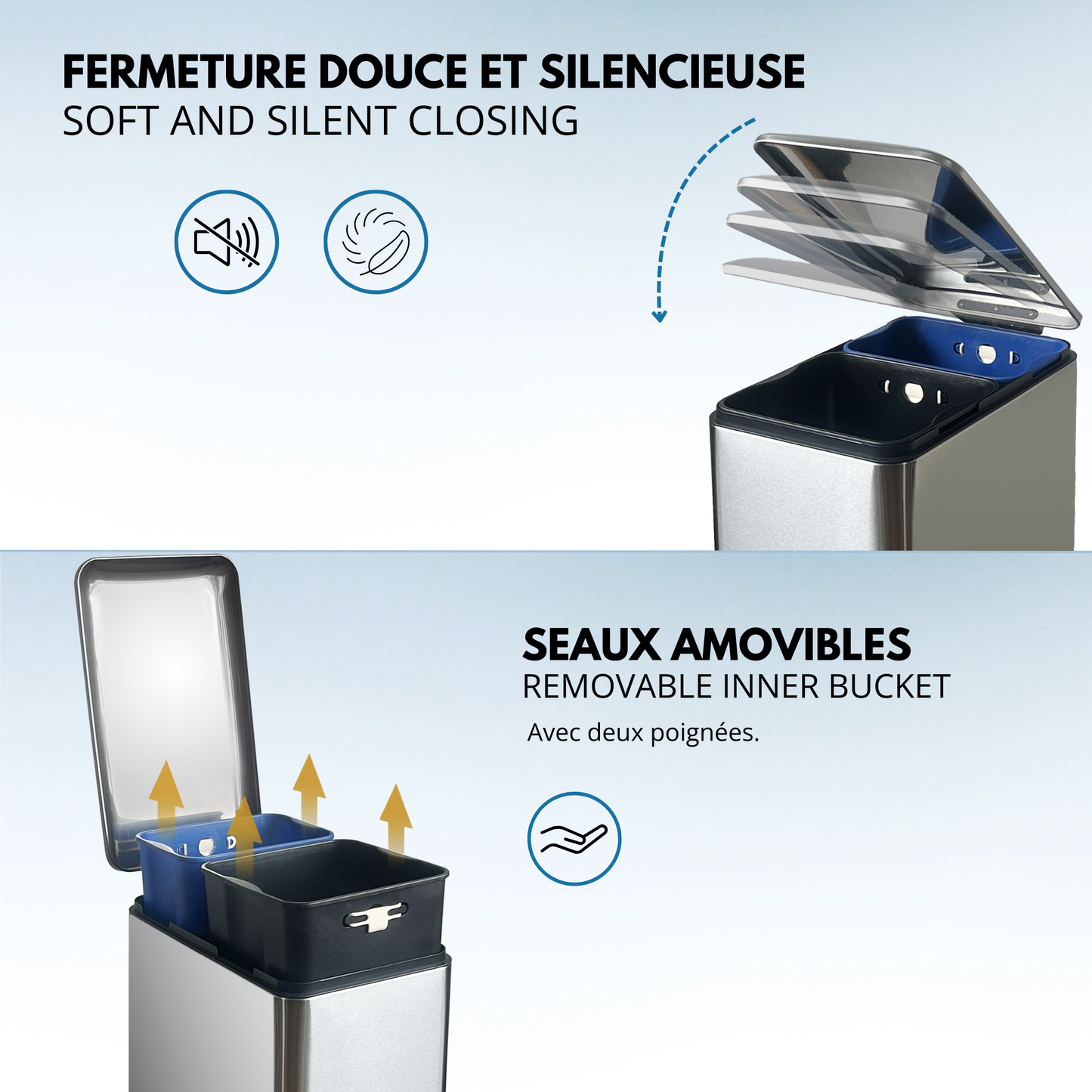 Poubelle de cuisine à pédale tri sélectif recyclage 50L(30L+20L) EDGE en acier Inox brossé avec seau