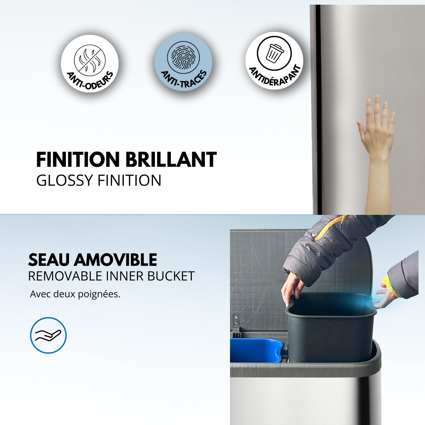 Poubelle de cuisine à pédale tri sélectif recyclage 60L(30L+30L) EMPIRE en acier Inox brossé avec seau