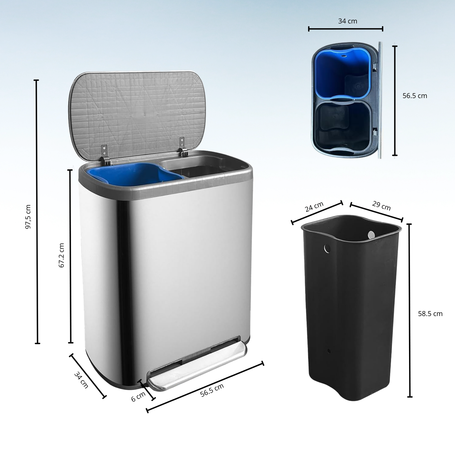 Poubelle de cuisine à pédale tri sélectif recyclage 60L(30L+30L) EMPIRE en acier Inox brossé avec seau
