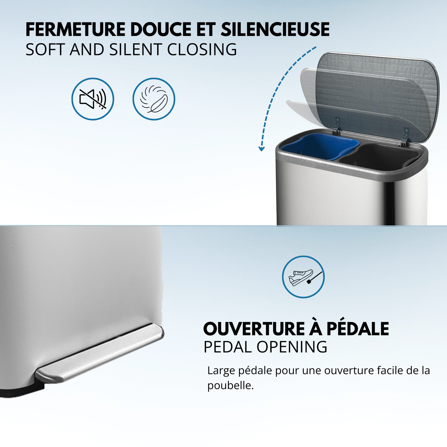 Poubelle de cuisine à pédale tri sélectif recyclage 60L(30L+30L) EMPIRE en acier Inox brossé avec seau