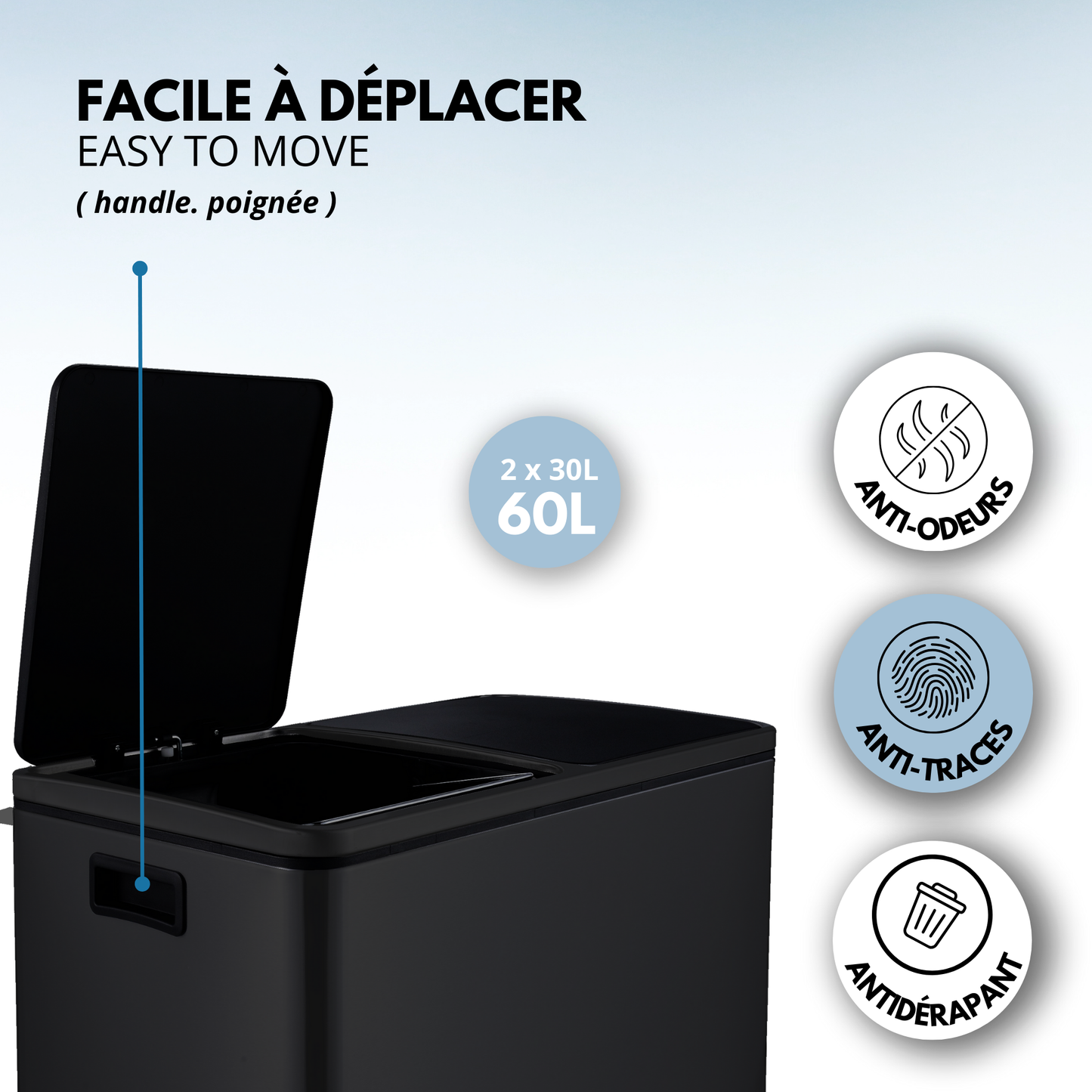 Poubelle de cuisine à pédale tri sélectif grande capacité 60L (2x30L) MAJOR en acier Inox Noir mat