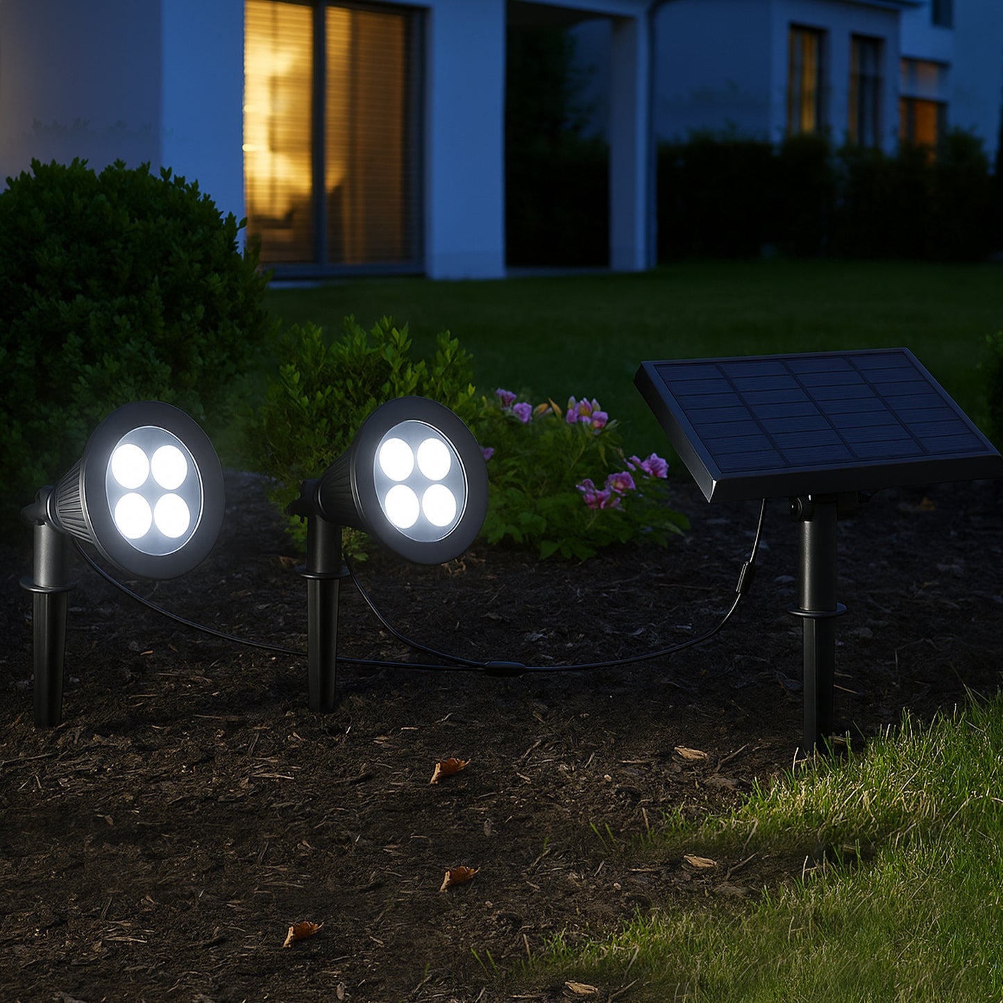 Double spot solaire relié avec panneau solaire déporté 2 en 1 à piquer ou à fixer éclairage puissant LED blanc dimmable FAMILY SPIKY H38cm
