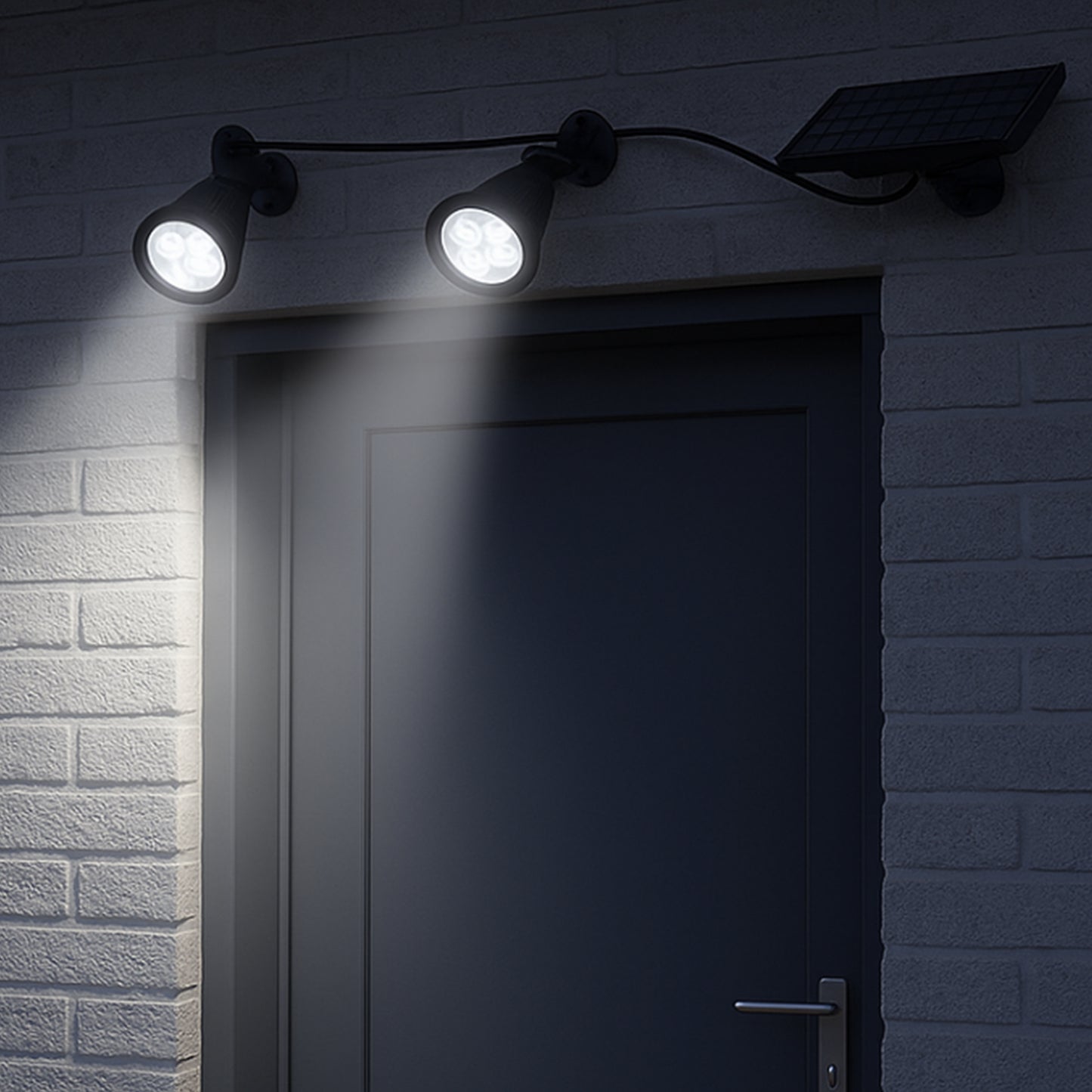 Double spot solaire relié avec panneau solaire déporté 2 en 1 à piquer ou à fixer éclairage puissant LED blanc dimmable FAMILY SPIKY H38cm