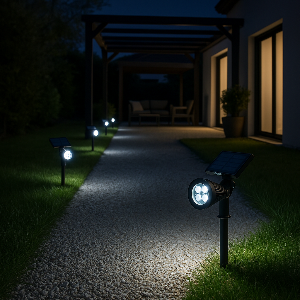 Lot de 2 spots solaires projecteurs 2en1 à piquer ou à fixer éclairage puissant dimmable LED blanc SPIKY H42cm