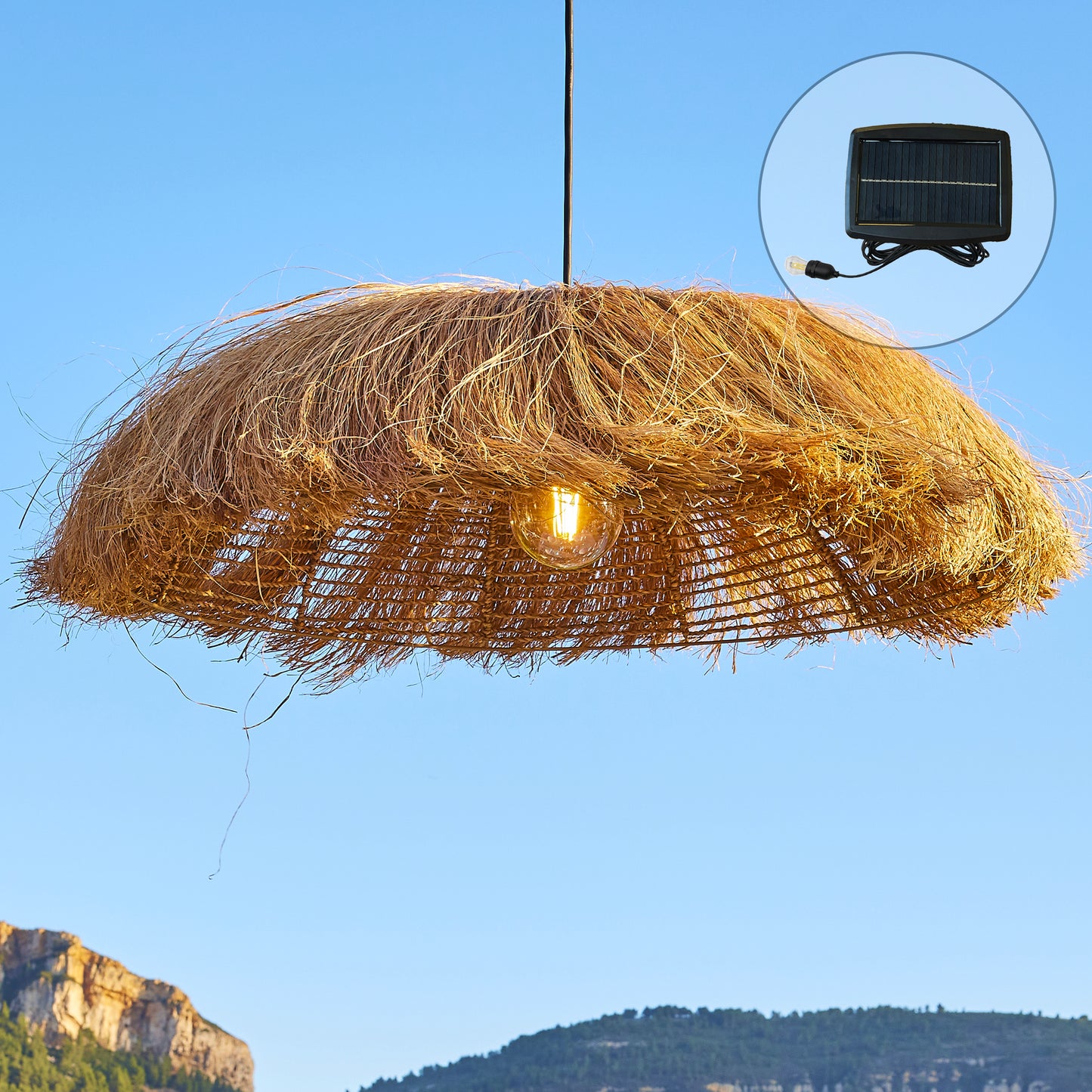 Suspension solaire HAVANA SOLAR en herbe marine et jute avec câble hybride secteur et solaire 5m de longueur