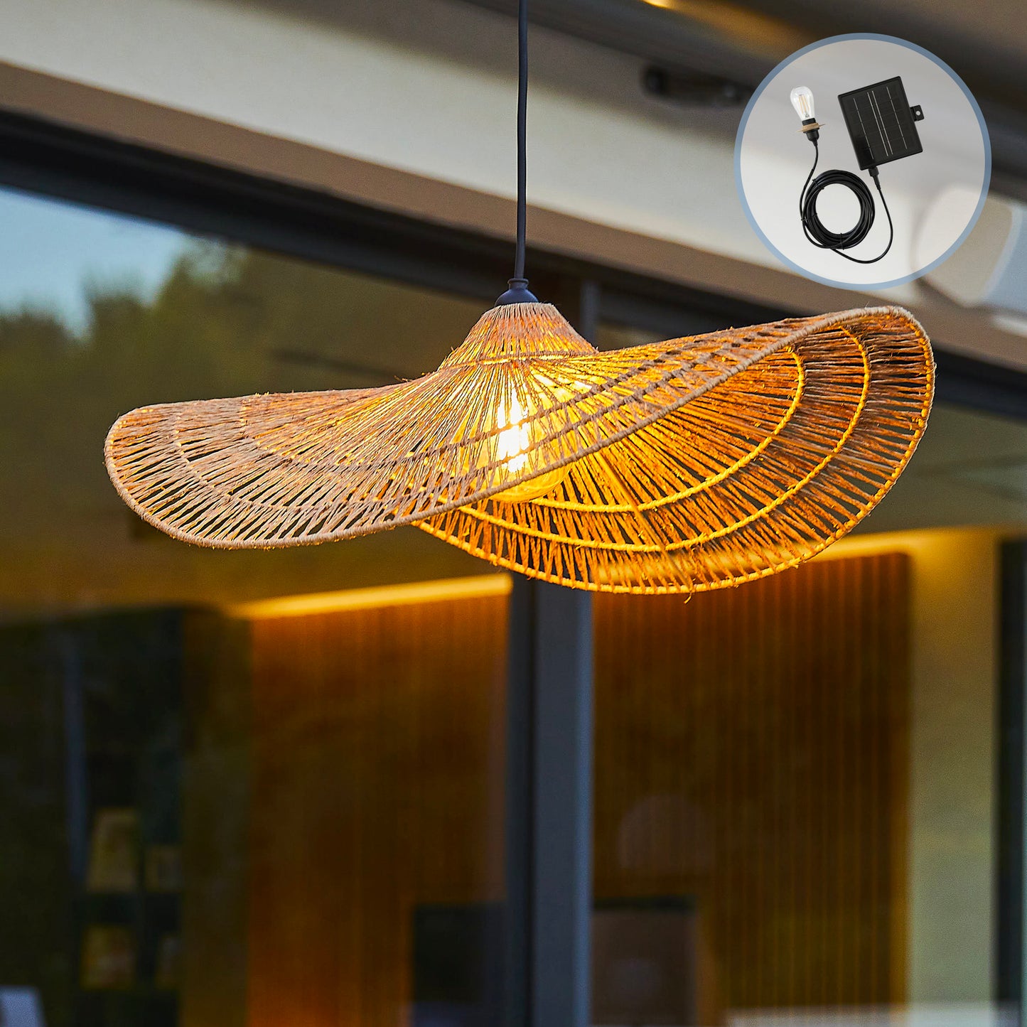 Suspension solaire MARBELLA SOLAR en jute naturel avec câble hybride secteur et solaire 5m de longueur
