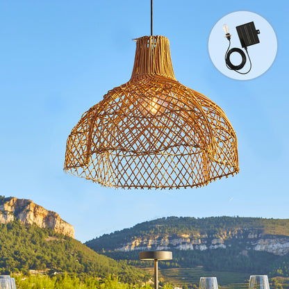 Suspension solaire bohème en rotin naturel style vannerie tressée LED blanc chaud ARIA SOLAR