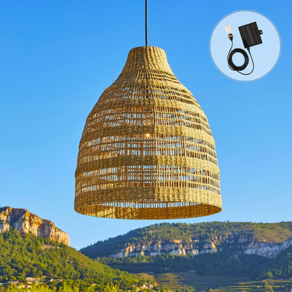 Suspension solaire bohème en herbe marine naturelle style vannerie tressée LED blanc chaud FREYA LONG SOLAR 5m de longueur
