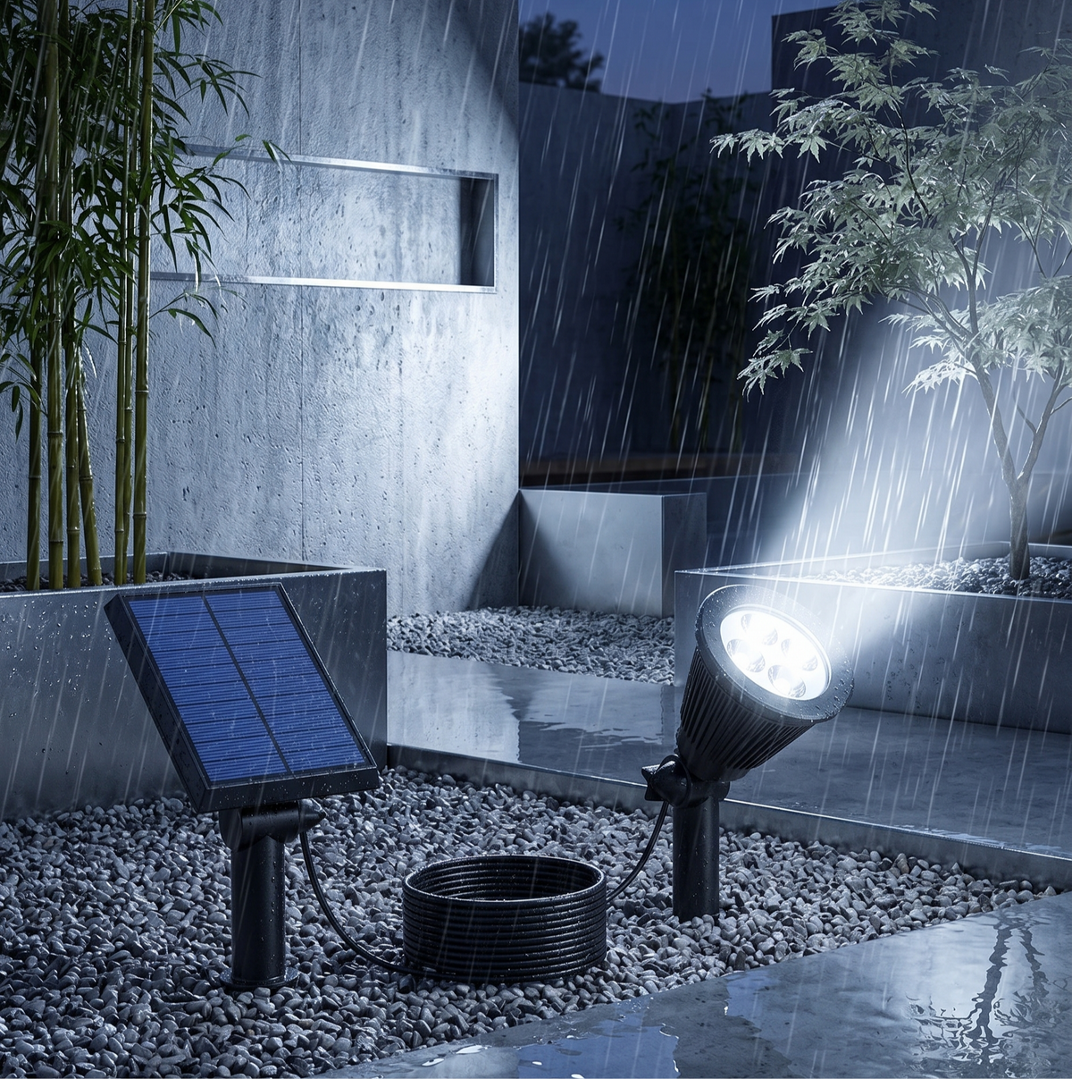 Lot de 4 spots solaires projecteurs à piquer LED blanc 200 lumens panneau solaire déporté 4x SPIKY AWAY W34