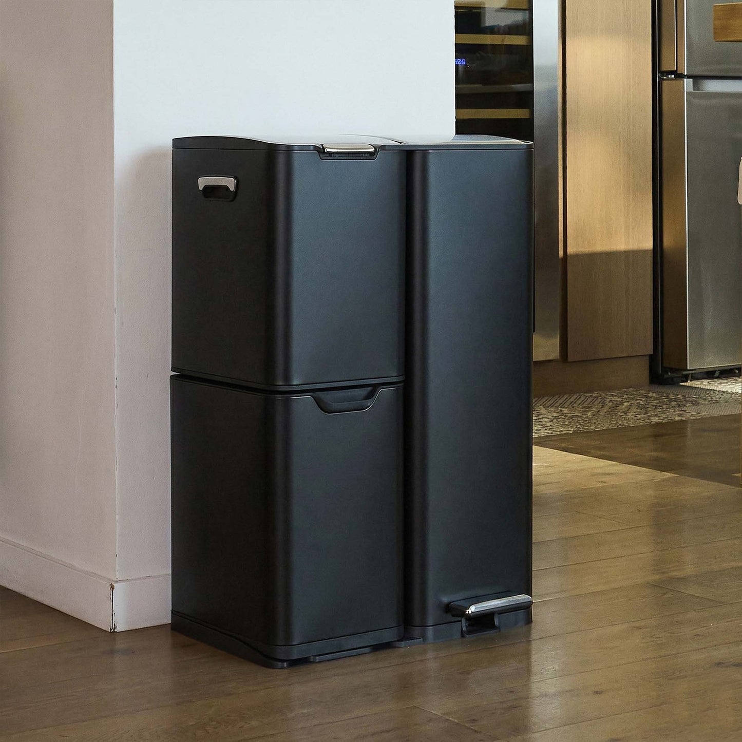 Poubelle de cuisine à pédale tri sélectif recyclage 60L(13+17+30L) HAJA en acier Inox Noir avec seau