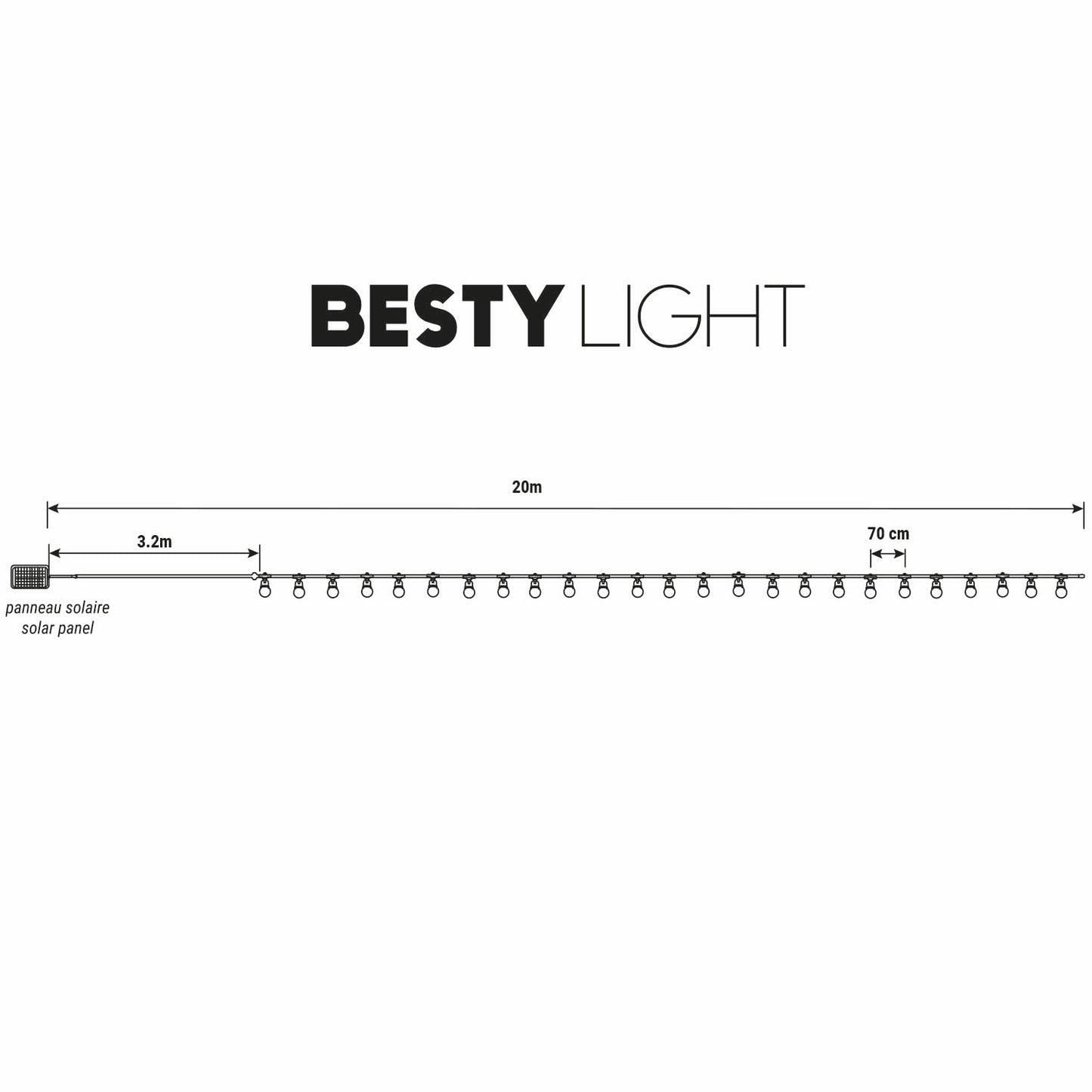 Guirlande lumineuse solaire 25 ampoules BESTY LIGHT LED blanc chaud dimmable 20m