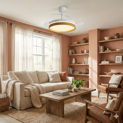 Ventilateur de Plafond CALYSA 106cm avec Pales Escamotables et LED 33W Grand Ventilateur Silencieux 34dB pour Salon et Chambre Moteur DC 30W Basse Consommation Réversible Été Hiver avec Télécommande Plafonnier 3500 Lumens Blanc et Bois