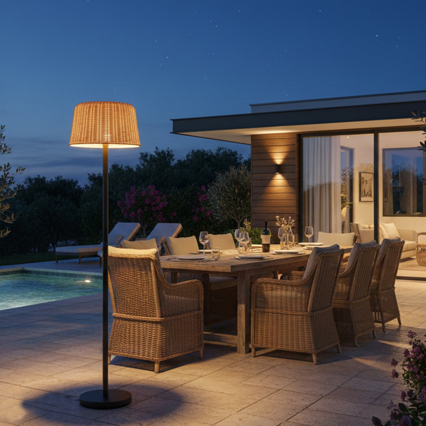 Lampadaire solaire extérieur en poly rotin avec module LED blanc chaud télécommande MATEO SOLAR  H160cm