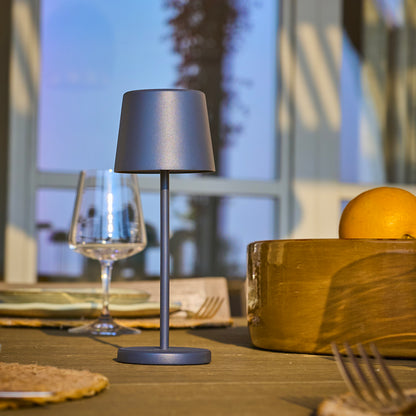 Mini lampe de table touch sans fil en aluminium gris LED KELLY MINI ROCK blanc dimmable H22cm