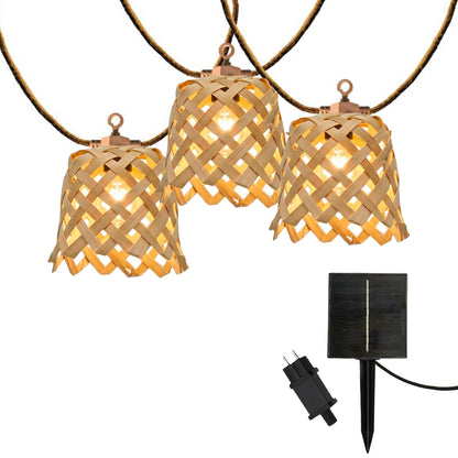 Guirlande lumineuse extérieur raccordable 10 abat-jour naturels en bambou NOYA LIGHT HYBRID LED blanc chaud 8m solaire et sur secteur