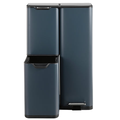 Poubelle de cuisine à pédale tri sélectif recyclage 60L(13+17+30L) HAJA en acier Inox Gris avec seau