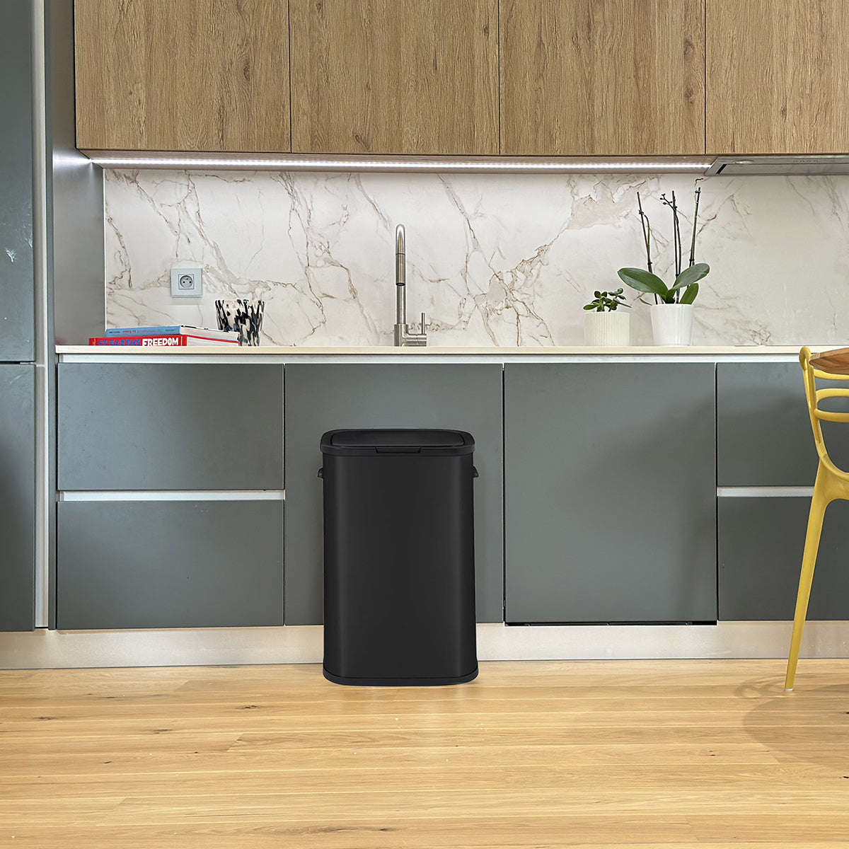 Poubelle de cuisine push 60L PORTLAND en acier Inox NOIR Ouverture par simple pression