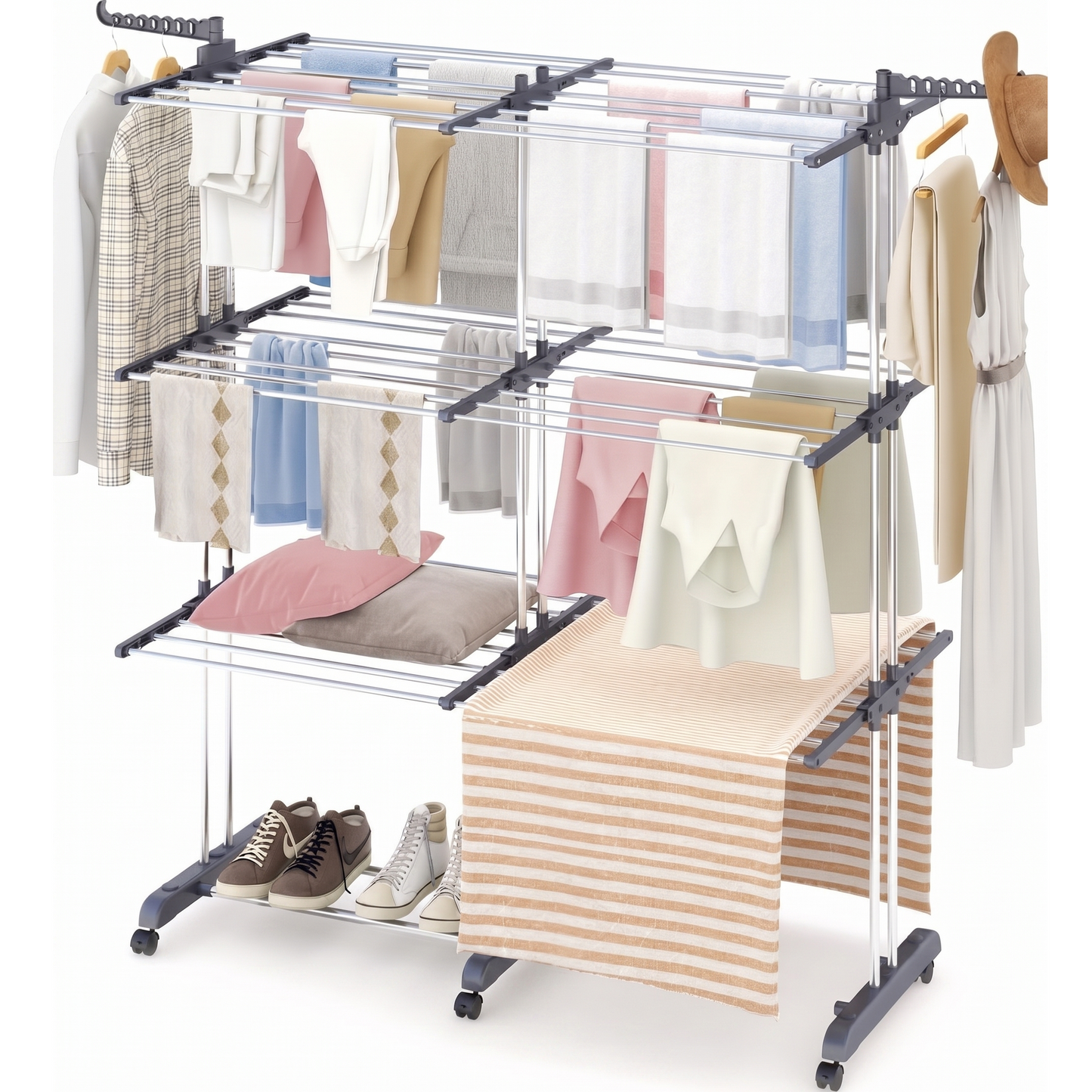 Séchoir à linge extensible étendoir multifonction 38M EXTRA PLUS avec 3 niveaux + barre télescopique Noir et Inox