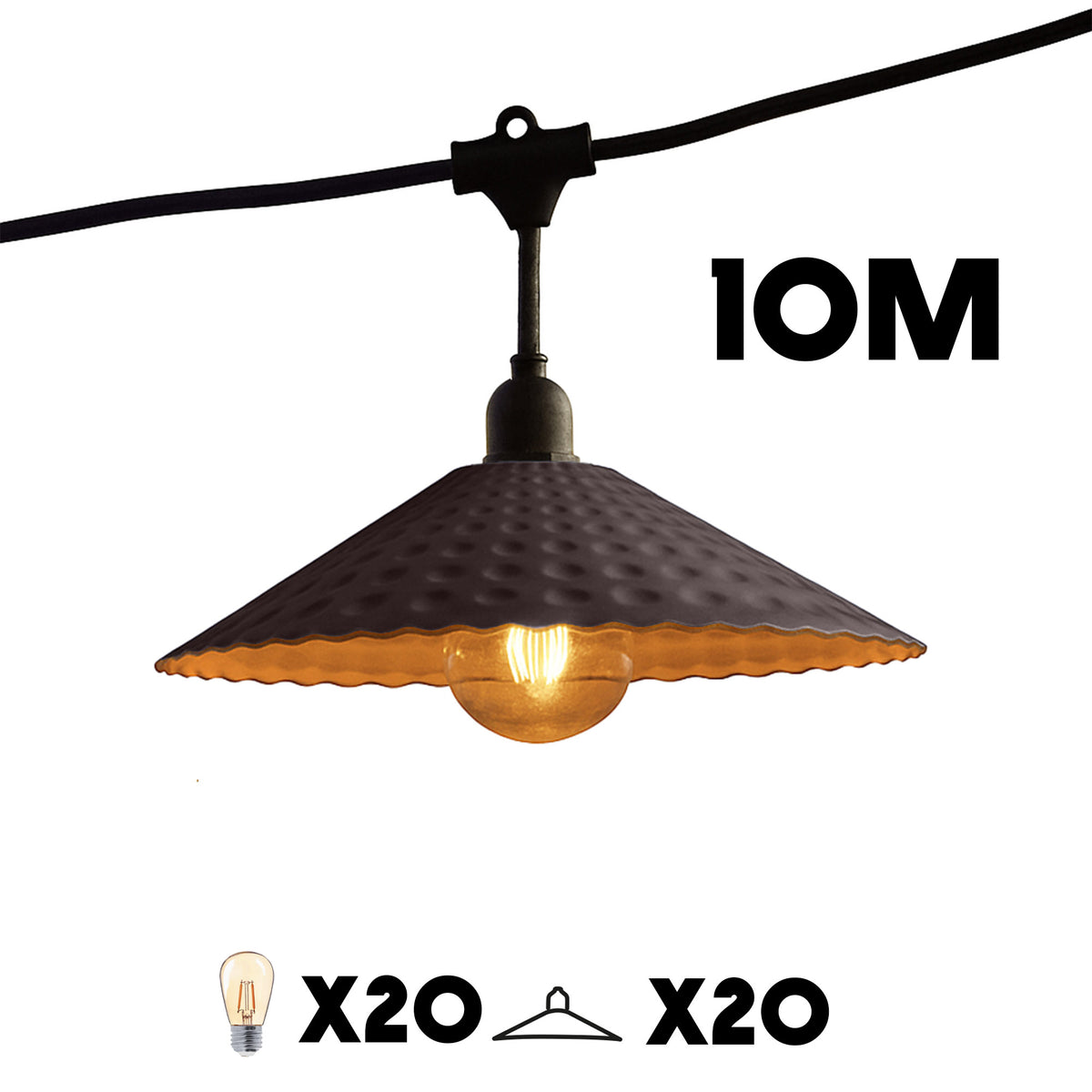 Guirlande lumineuse extérieure raccordable 10m avec 20 ampoules LED filament E27 blanc chaud VINTY LIGHT et abat-jour en métal style vintage