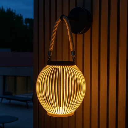 Applique murale sans fil solaire LED SUNNY SMALL ROUND en bambou style bohème ISALINE H40cm