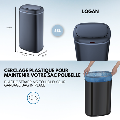 Poubelle cuisine automatique 58L LOGAN en acier INOX Gris Mat