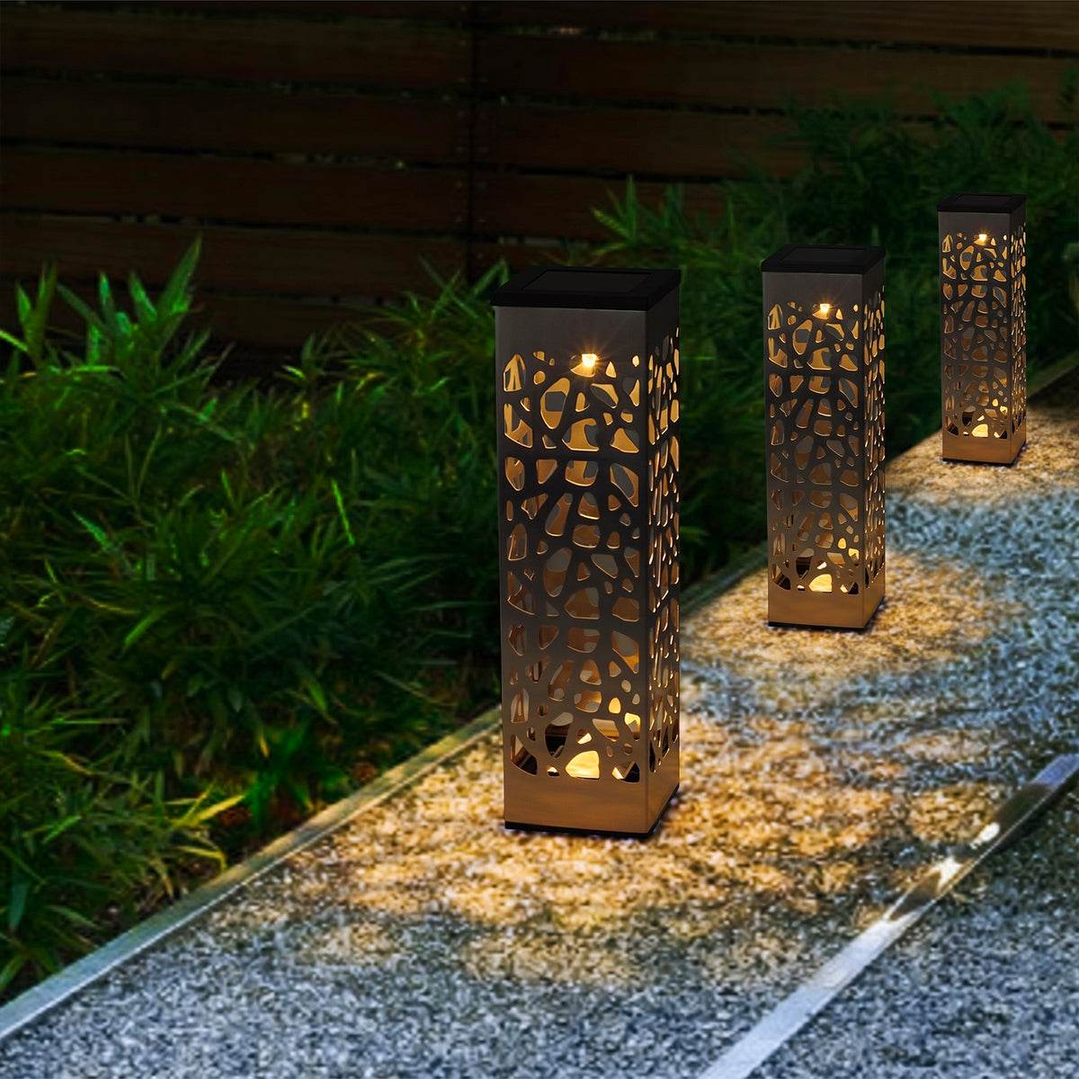 Lot de 3 balises solaires à piquer ou à poser ombre portée LED blanc chaud ORGANIC INOX H31cm
