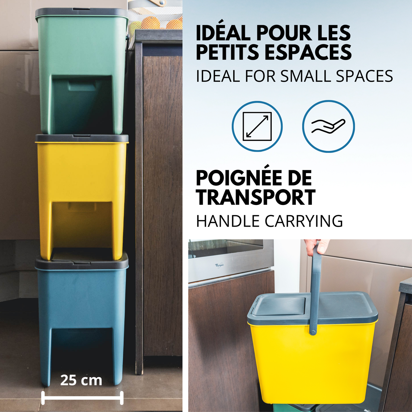 Lot de 3 Poubelles Empilables 20L pour Recyclage BERGEN Poubelles de Tri Sélectif en Plastique, Couleurs Jaune, Bleu, Vert et Gris