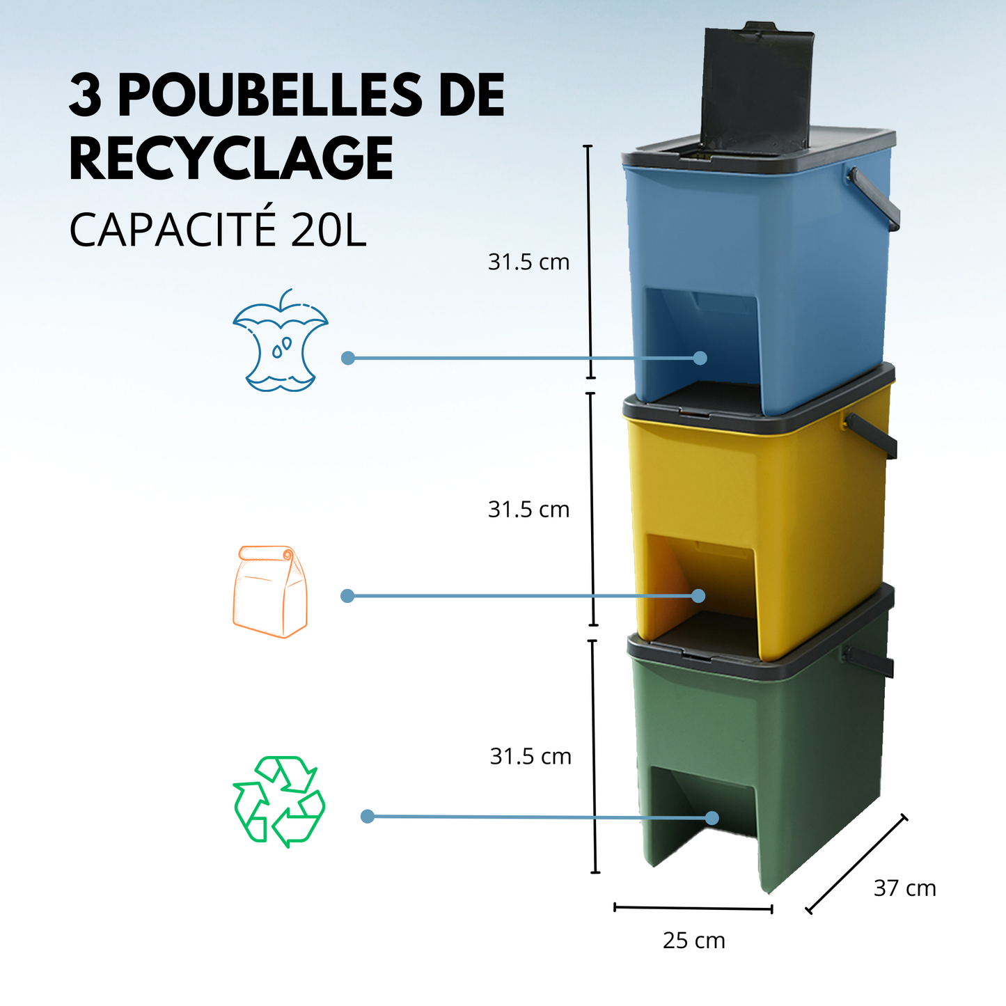 Lot de 3 Poubelles Empilables 20L pour Recyclage BERGEN Poubelles de Tri Sélectif en Plastique, Couleurs Jaune, Bleu, Vert et Gris