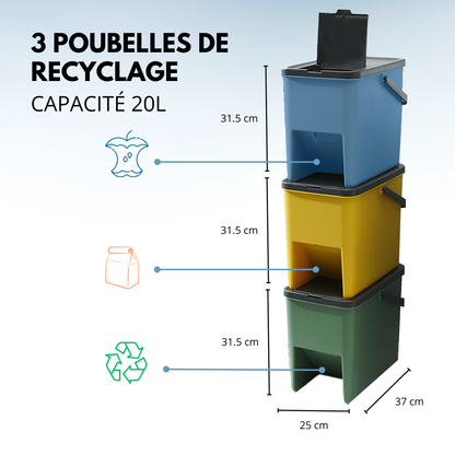 Lot de 3 Poubelles Empilables 20L pour Recyclage BERGEN Poubelles de Tri Sélectif en Plastique, Couleurs Jaune, Bleu, Vert et Gris