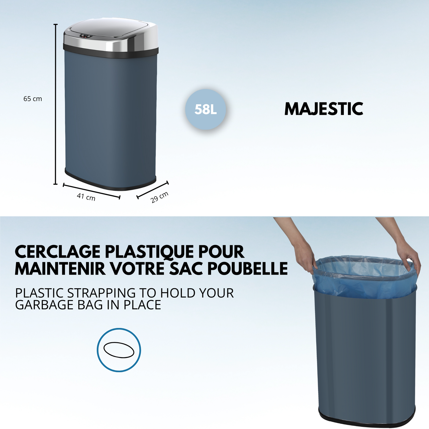 Poubelle de cuisine automatique 58L MAJESTIC grande capacité gris mat en acier INOX avec cerclage