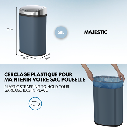 Poubelle de cuisine automatique 58L MAJESTIC grande capacité gris mat en acier INOX avec cerclage