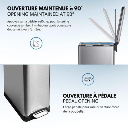 Poubelle de cuisine à pédale tri sélectif recyclage 50L(30L+20L) EDGE en acier Inox brossé avec seau