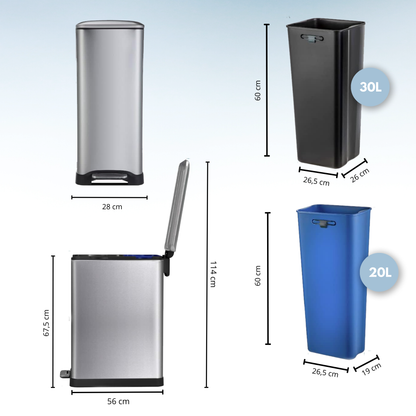 Poubelle de cuisine à pédale tri sélectif recyclage 50L(30L+20L) EDGE en acier Inox brossé avec seau