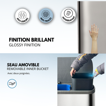 Poubelle de cuisine à pédale tri sélectif recyclage 60L(30L+30L) EMPIRE en acier Inox brossé avec seau