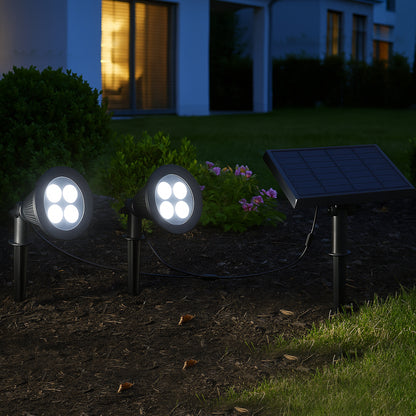 Double spot solaire relié avec panneau solaire déporté 2 en 1 à piquer ou à fixer éclairage puissant LED blanc dimmable FAMILY SPIKY H38cm