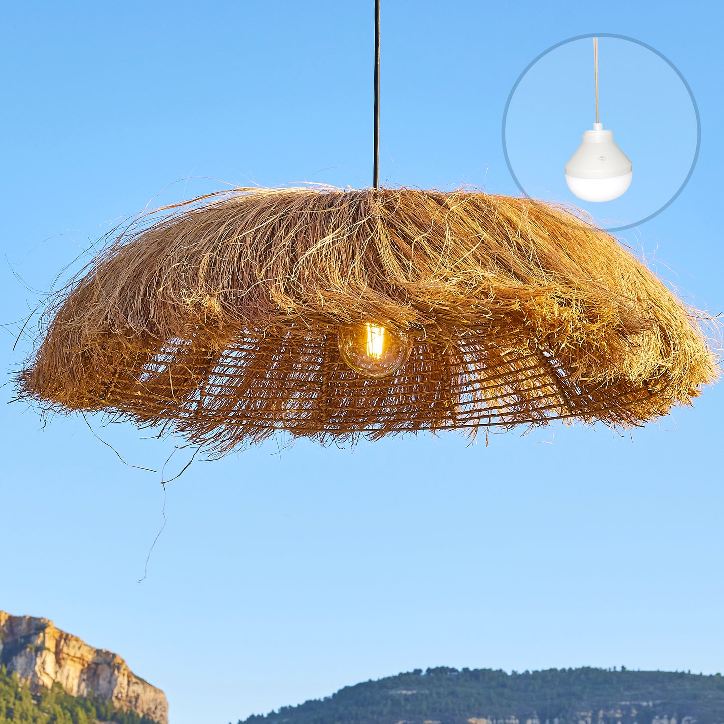 Suspension HAVANA NOMAD en herbe marine style bohème avec ampoule LED nomade
