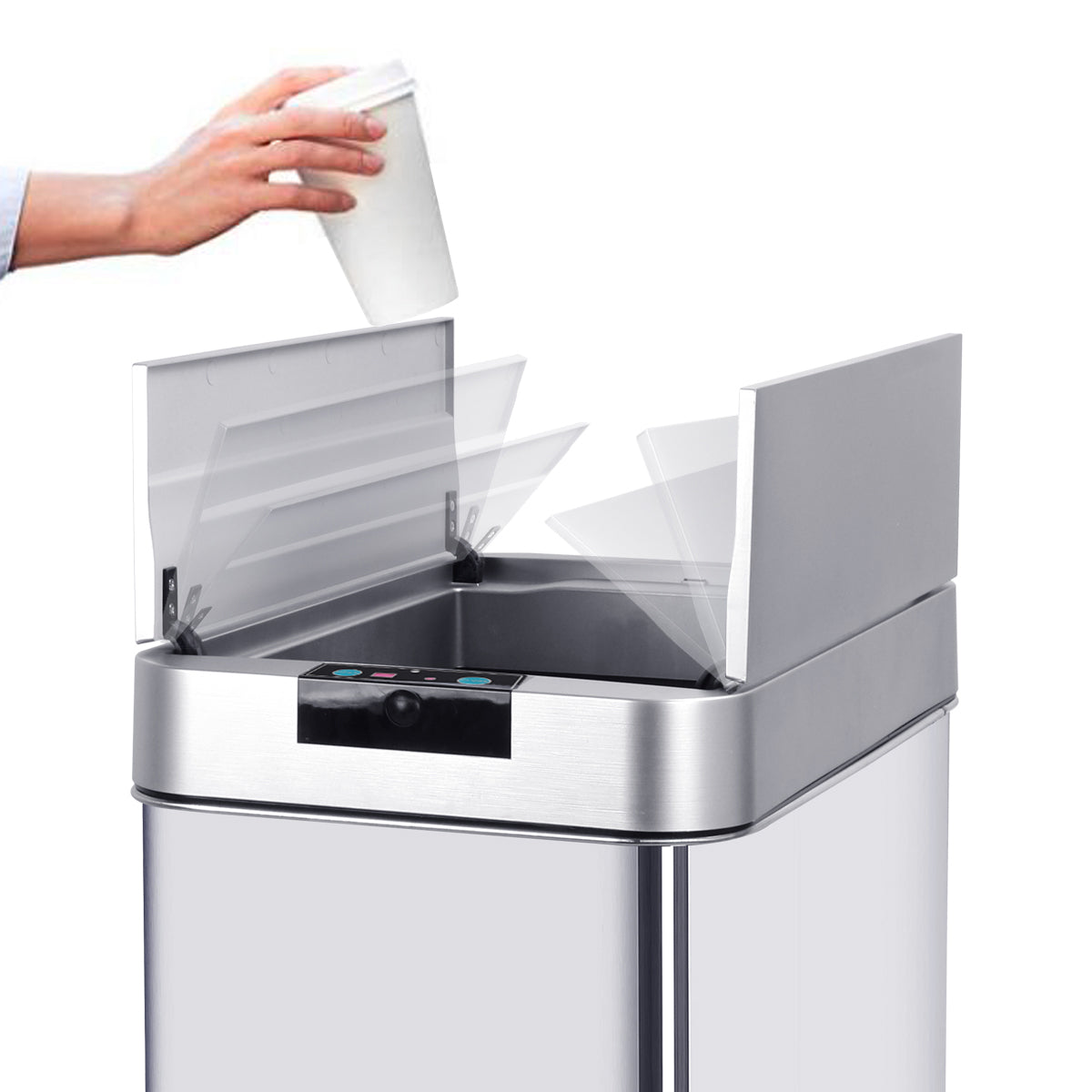 Poubelle de cuisine automatique 70L SILVERLAKE en acier Inox avec cerclage Ouverture papillon grande capacité - REDDECO.com